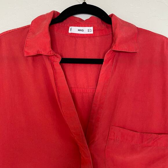 MNG by Mango Coral Red Lyocell Shirt with Hidden Buttons Button Down Blouse 18 - Picture 3 of 10